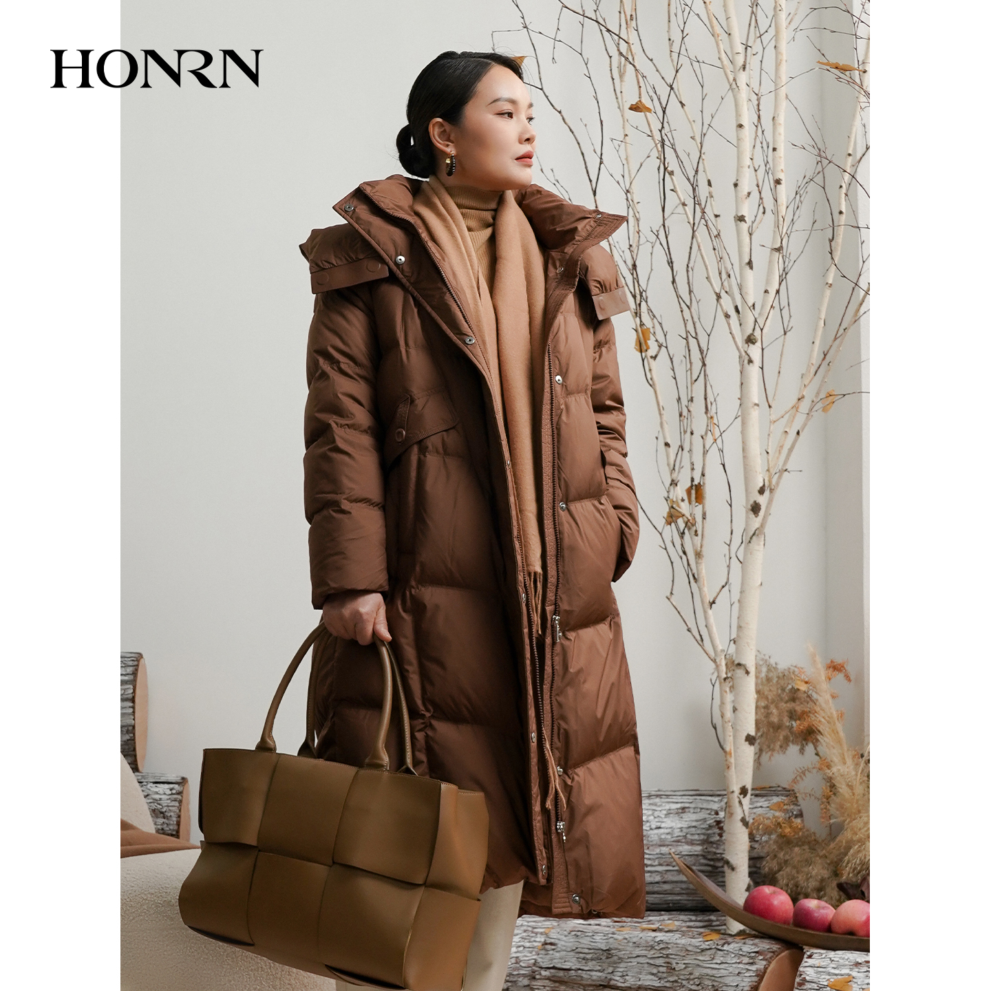 HONRN/红人长款连帽鸭绒羽绒服