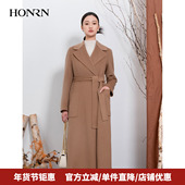 HONRN 红人中长款 系带收腰双面羊毛呢子大衣外套女秋冬HI55OD752