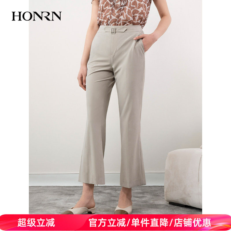 HONRN/红人时尚灰色裤子微喇修身显瘦休闲裤女夏薄款HH22OK808
