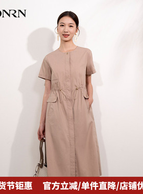 HONRN/红人短袖圆领抽绳收腰显瘦a字连衣裙中长款女夏HI22OL444
