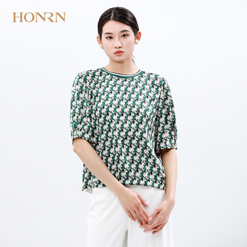 HONRN/红人时尚宽松显瘦印花薄款短袖圆领套头正肩t恤上衣女夏季