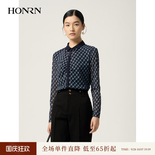 HONRN/红人翻领印花网纱衬衫上衣