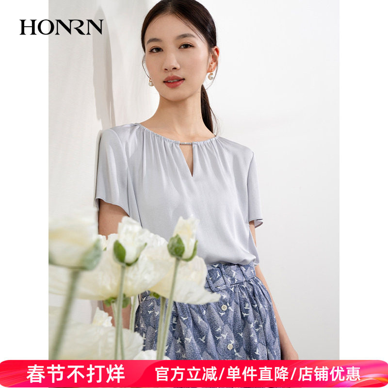 HONRN/红人圆领正肩短袖设计感新中式衬衫上衣女夏薄款HI22SY590