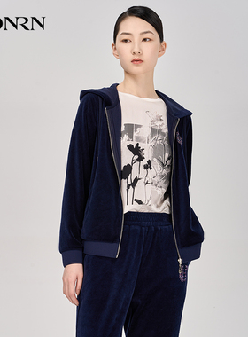 HONRN/红人蓝色宽松显瘦丝绒连帽运动休闲外套女春秋HI39OS020