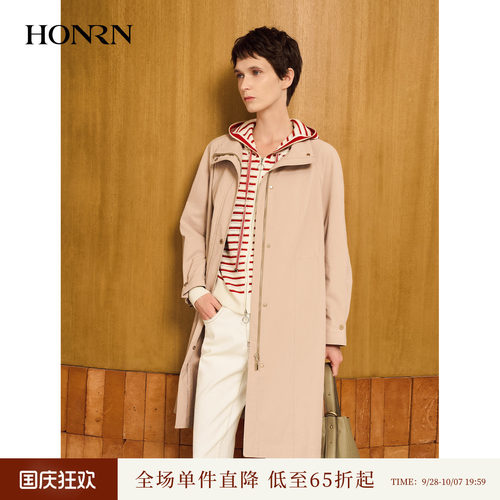 红人极简纯色立领中长风衣女春