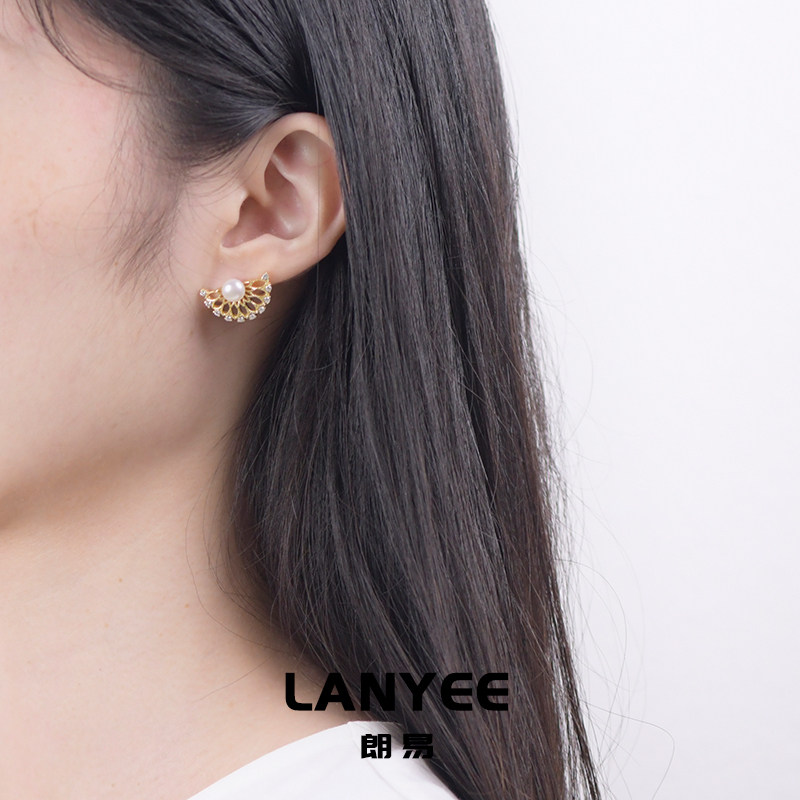 LANYEE复古镶钻扇形珍珠耳钉耳环耳坠耳饰女小众设计轻奢通勤简约