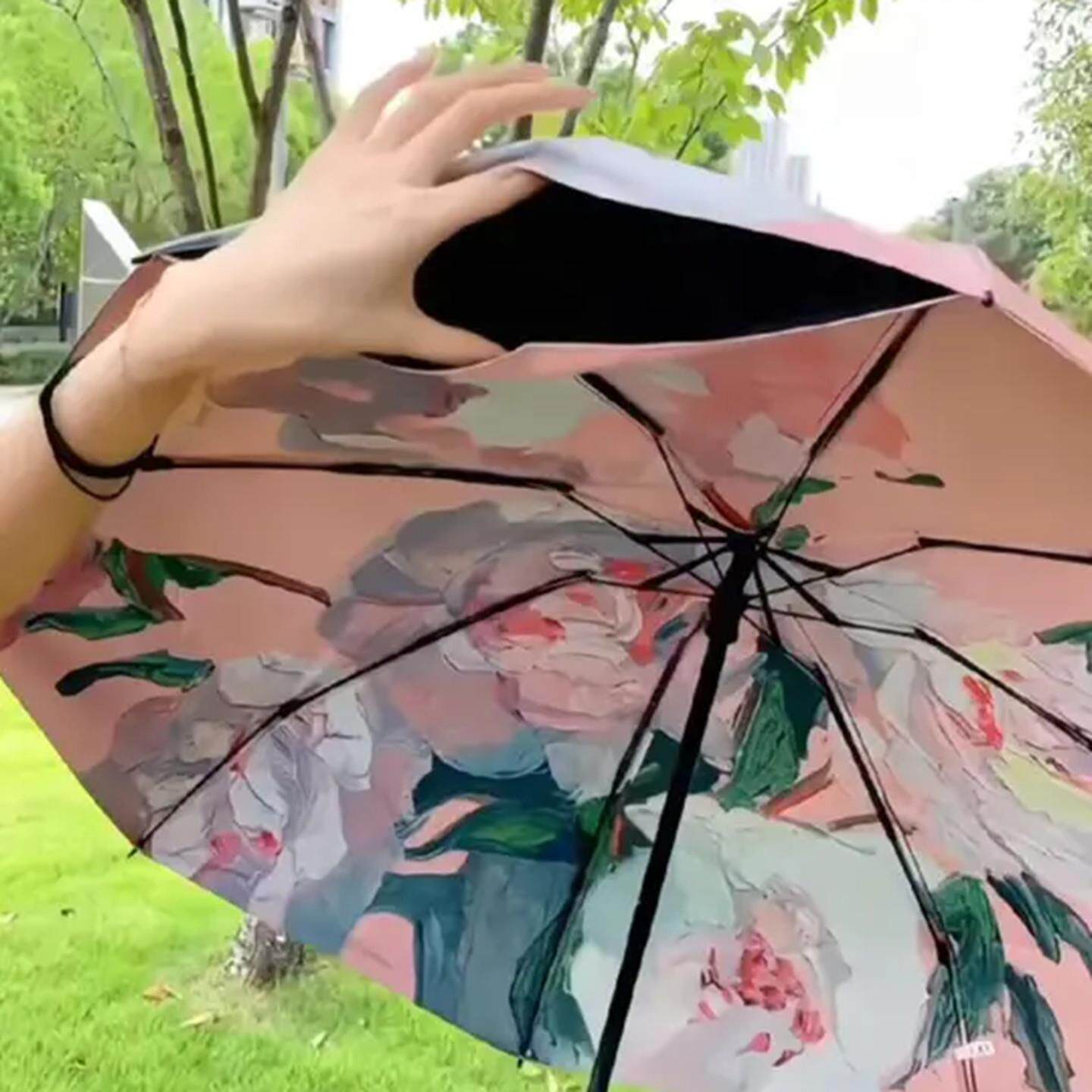 油画双层超强防晒遮阳伞抗UV遮阳伞女折叠小巧两用自动晴雨伞