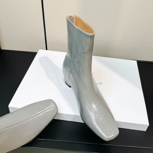 猫熊家真皮气质方头内增高马丁靴女2026新款显瘦百搭高跟灰色短靴