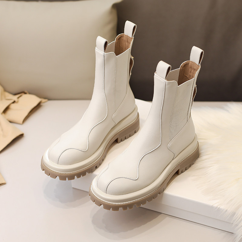 MAO XIONG의  가죽 라운드 발가락 여성용 첼시 굴뚝 부츠 2024 작은 사람들을위한 새로운 흰색 마틴 부츠 두꺼운 밑창 짧은 부츠