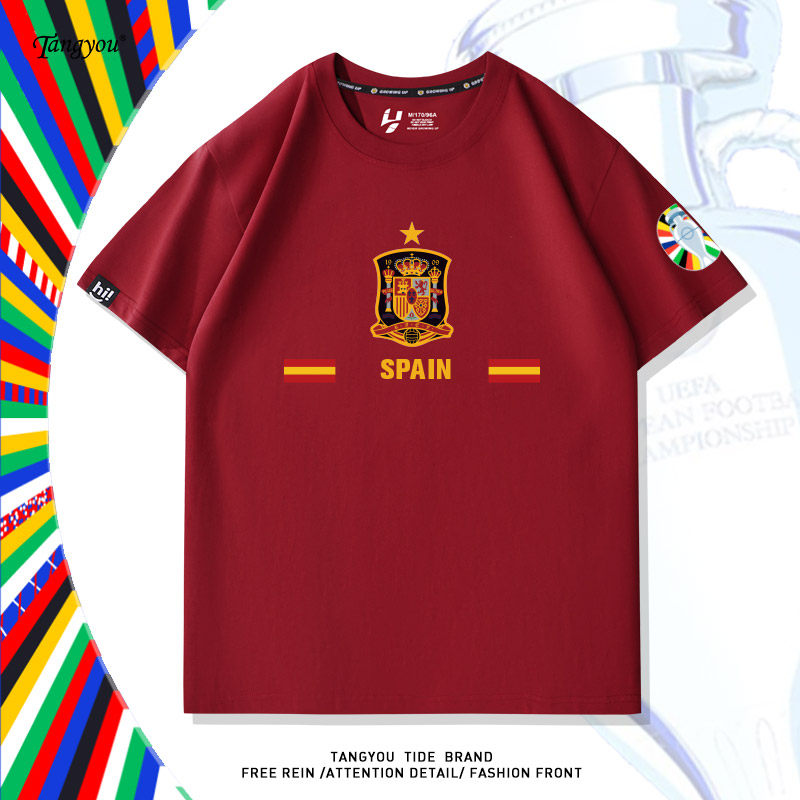 欧洲杯西班牙2024足球纪念短袖t恤男纯棉训练队服赛前热身服球衣