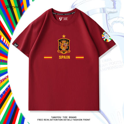 欧洲杯西班牙2024足球纪念短袖t恤男纯棉训练队服赛前热身服球衣