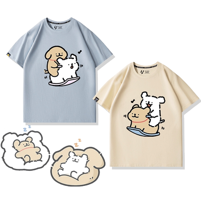 手绘马尔济斯线条小狗简约休闲潮牌短袖夏季宽松男女情侣款装T恤