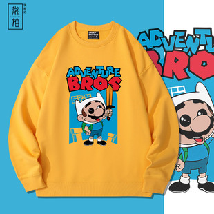 探险活宝马里奥周边美式卡通复古印花圆领卫衣男薄款宽松长袖上衣