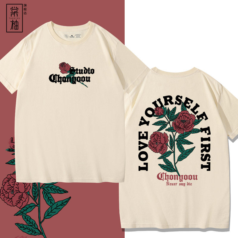 港风复古时尚玫瑰花短袖男美式潮牌情侣印花夏季新款宽松纯棉t恤