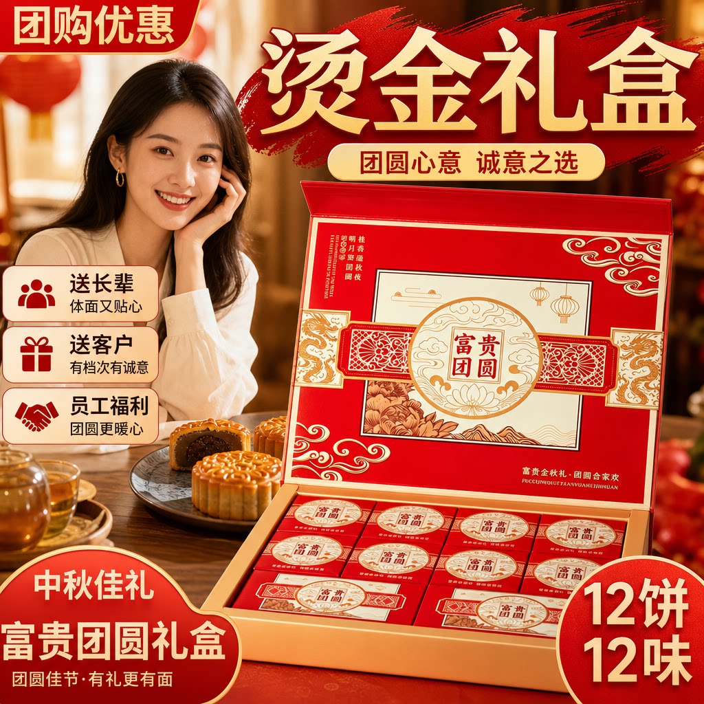 月饼礼盒装广式蛋黄莲蓉五仁豆沙烫金书本礼盒中秋节团购福利批发