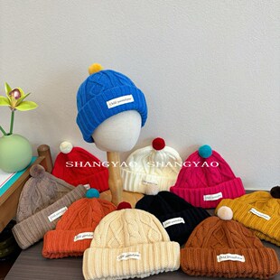 儿童毛线帽秋冬季洋气帽顶小毛球小布标针织瓜皮帽潮宝宝冬天帽子