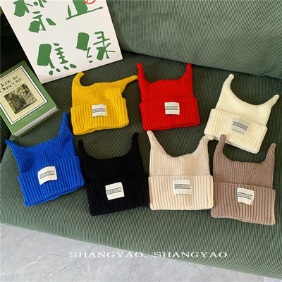 儿童毛线帽秋冬可爱双角个性潮款针织帽贴布洋气套头帽潮宝宝保暖