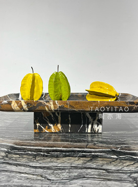 轻奢中古天然大理石长托盘果盘点心盘仿真陶瓷杨桃水果样板房摆件