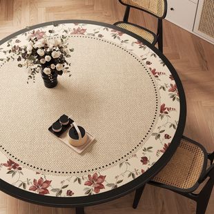 轻奢复古花卉圆形桌布防水防油免洗餐桌茶几垫高级感书桌台布盖垫