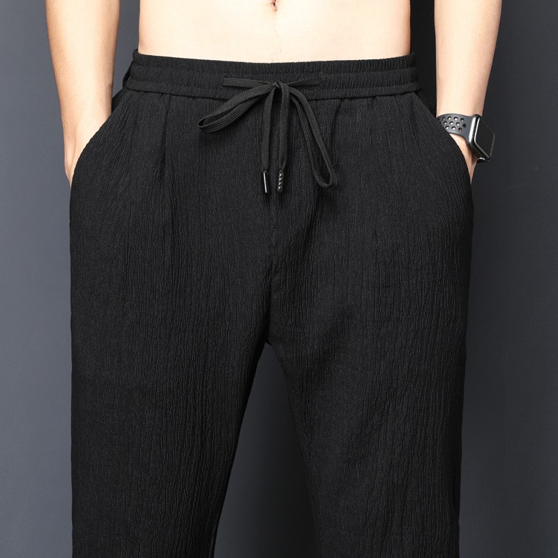 裤子男宽松直筒休闲裤平裤脚褶皱长裤男士潮流运动裤舒适九分b342