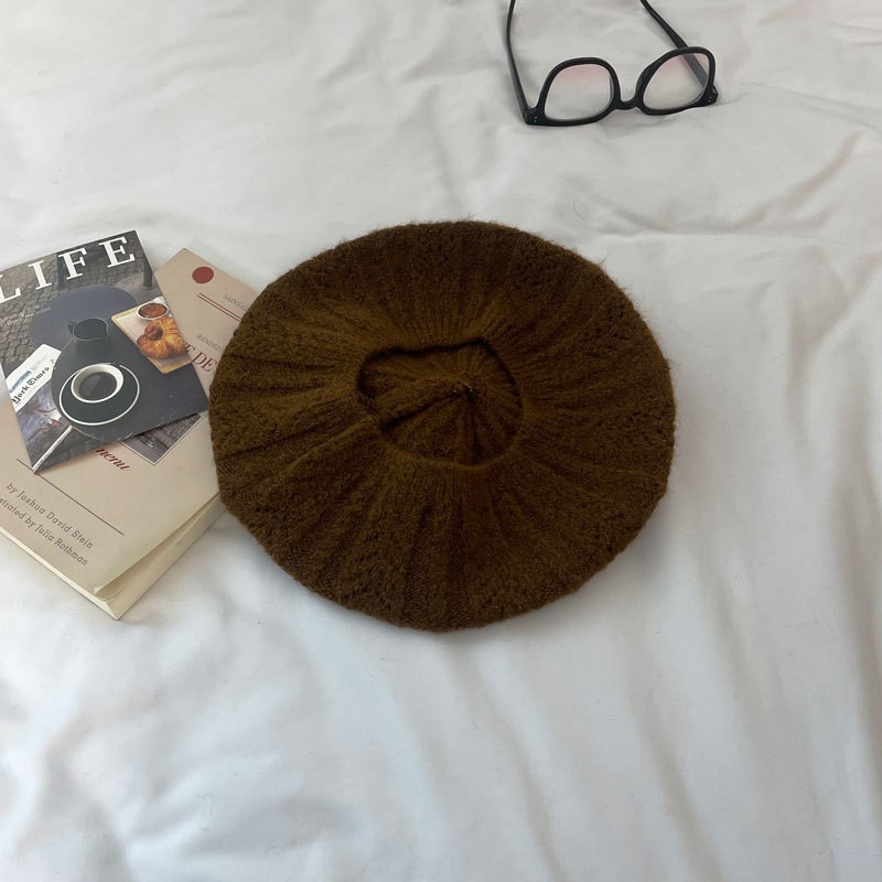 新款镂空文艺复古含羊毛贝雷帽子女韩系纯色针织帽SD37