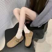 一脚蹬金属扣带平底内增高软底单鞋 新款 女2026秋冬季 反绒皮勃肯鞋