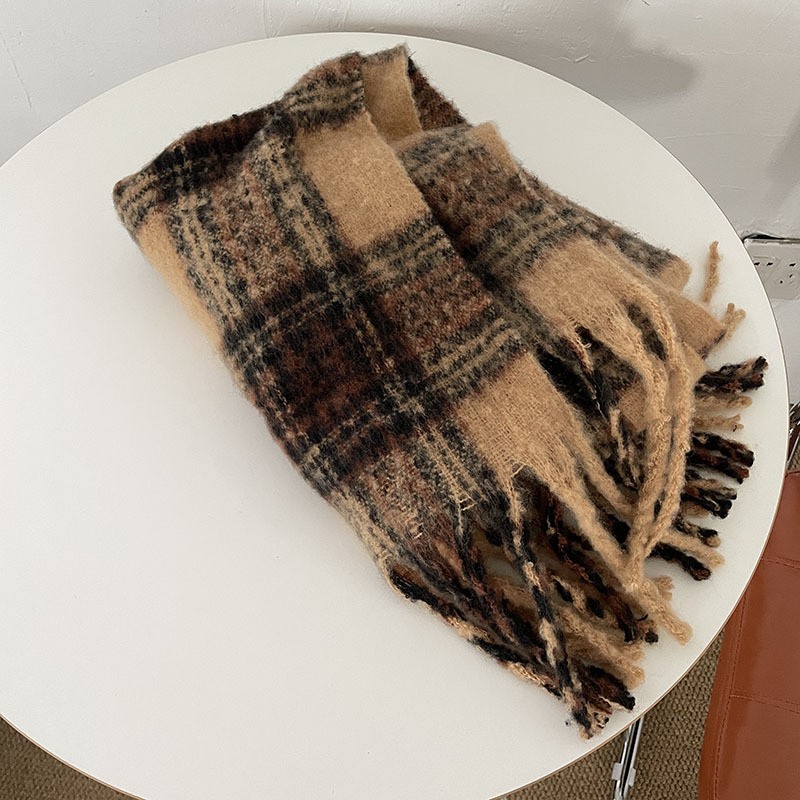 ~氛围感美拉德风拼色格子围脖百搭流苏秋冬学生情侣保暖围巾SD94