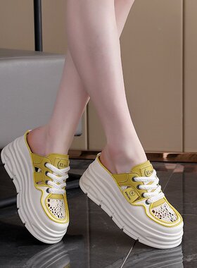 2026夏季镂空厚底松糕半拖鞋女大码内增高坡跟休闲包头罗马鞋L-12