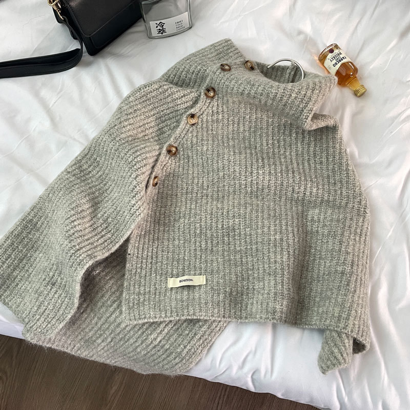 含羊毛 时髦慵懒风披肩斗篷冬季高领保暖韩国ins纽扣毛线针织SD05