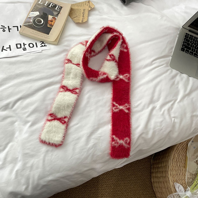 原创设计仿貂毛蝴蝶结细窄围巾小细条ins韩女搭配装饰Y2kSD32