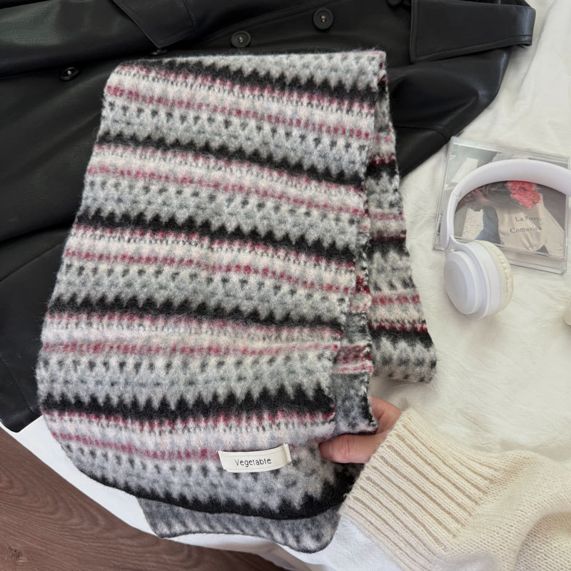 花色提花撞色条纹围巾女秋冬季防寒保暖情侣围脖复古SD13