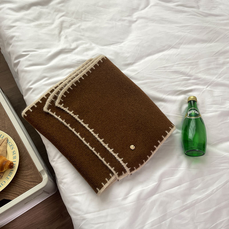 柔软绵羊毛混纺纯色针织围巾女精致锁边冬季保暖厚围脖情侣百SD28