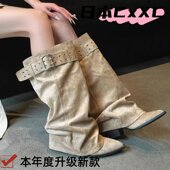 尖头粗跟裤 管靴西部牛仔堆堆长靴子女2025新款 秋冬高筒长筒中YY63