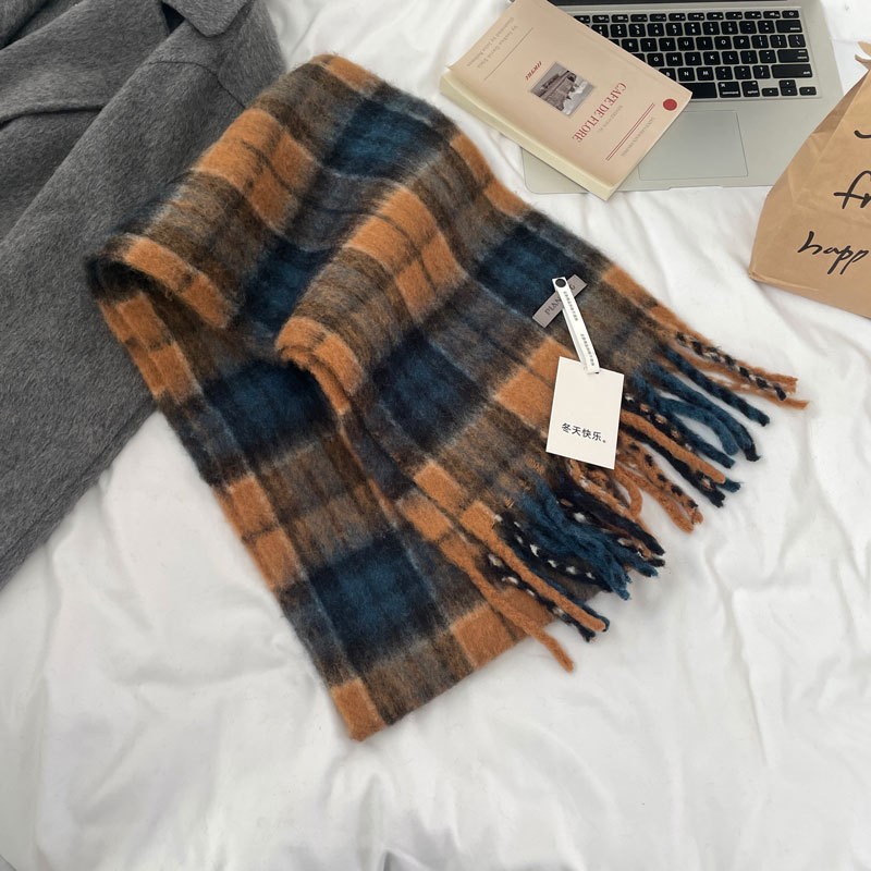 定纺20%羊毛 一眼沦陷的雾蓝色围巾秋冬新款格子流苏披肩高级SD37