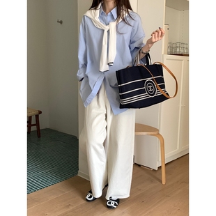 新款 女2025秋季 韩系慵懒宽松显瘦百搭休闲衬衣上ce36 衬衫 蓝色长袖