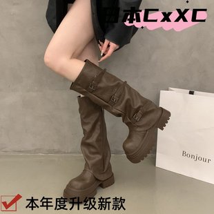 长筒靴女2025新款 棕色靴子美拉德厚底增高骑士靴高筒瘦YY09 秋冬季