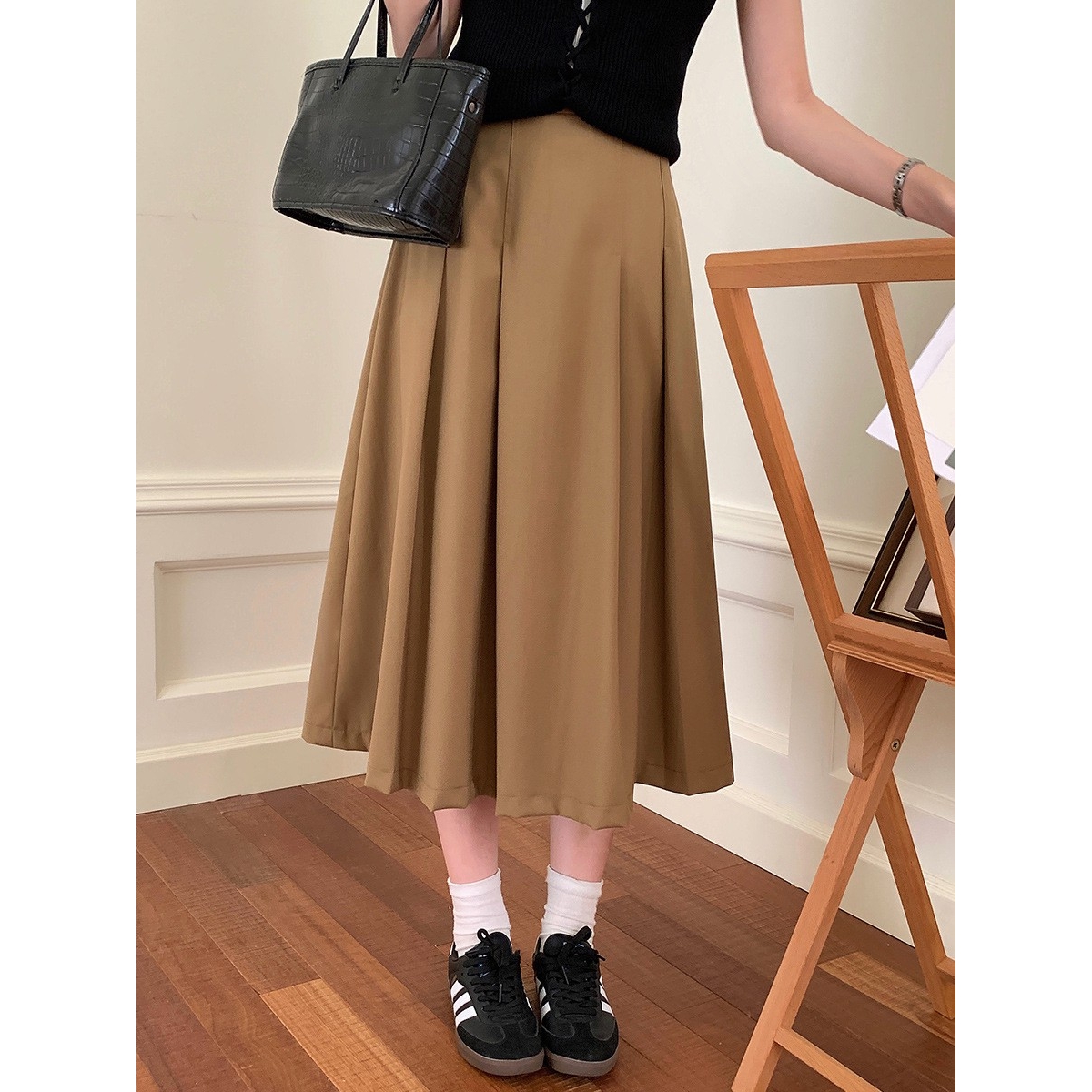 高腰压褶半身裙女秋季2025新款韩版纯色休闲百搭a字百褶裙ce43