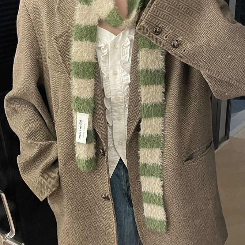 Y2k条纹毛绒围巾女春秋小众设计感辣妹百搭装饰韩版细窄长款SD57