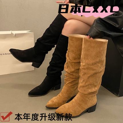 堆堆2025新款靴子春秋长筒靴复古不过膝女粗跟增高骑士靴显瘦YY05