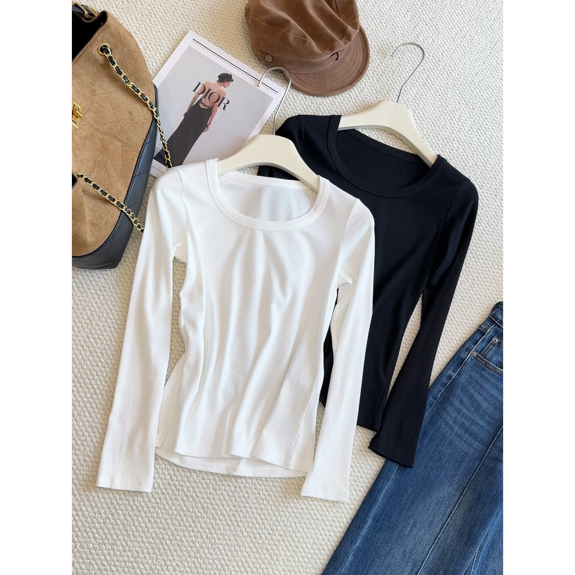 2025新款秋圆领长袖t恤打底衫女士修身弹力螺纹薄款内搭体恤b235