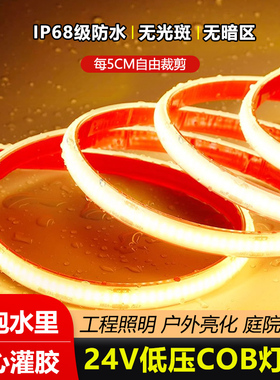 led灯带实心硅胶水下可泡水ip68防水24v鱼池自粘户外低压COB灯条