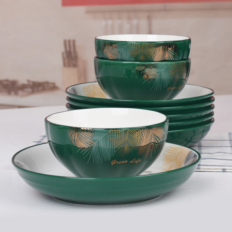 红杜鹃陶瓷饭碗家用菜盘套装欧式绿色餐具加厚欧式防烫手碗盘组合