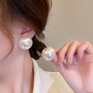 欧美浮夸少女复古超大马贝半圆珍珠925银耳环耳夹耳钉 复古气质范