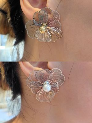 INS法式复古高级感镂空蝴蝶花朵珍珠耳钉几何夸张花瓣轻奢耳饰女