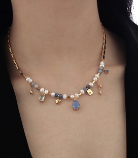 夏日多巴胺色吉普赛风孔雀石天然珍珠流苏星星吊坠高级感锁骨项链