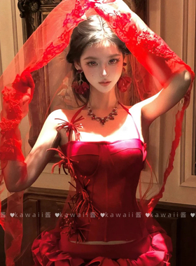 鬼新娘cos红色头纱女成人头饰婚纱万圣节穿搭白哥特风lolita装扮