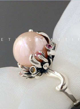 纯银戒指天然珍珠花瓣夸张时尚