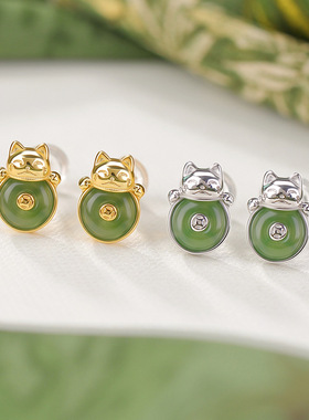 S925纯银镀金招财猫咪耳钉防过敏