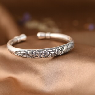 S999足银复古民族风錾刻雕花纹牡丹花开富贵女士纯银实心开口手镯