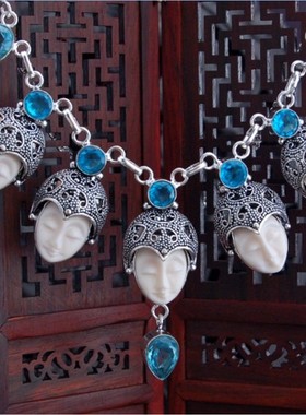 S925纯银复古民族风异域个性夸张天然托帕石美女神像女士吊坠项链